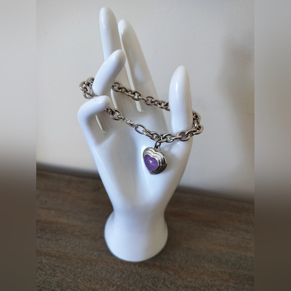 Vintage Lavender Jade Hart Charm Bracelet Sterling Silver 925 Women's